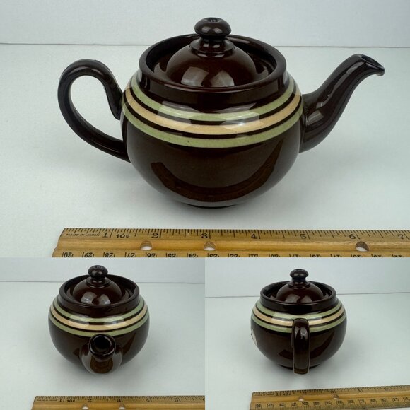 Vtg Single Serve Brown Genuine Old English Redware Teapot w Green Tan Stripes - Picture 4 of 13